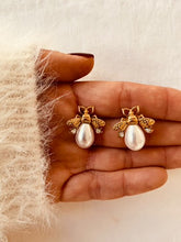 Load image into Gallery viewer, Golden Stainless Steel Bee Stud Earrings with Simulated Pearls & Zircon – Chic Fashion Jewelry for Women