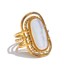 Load image into Gallery viewer, Elevate your style with this stainless steel natural shell geometric open ring, featuring a sleek and modern design with a luminous natural shell accent. Adjustable for the perfect fit, this 18K plated ring offers durability, shine, and a touch of elegance. A trendy yet timeless piece, it’s the perfect accessory for any occasion or a thoughtful gift for someone special.