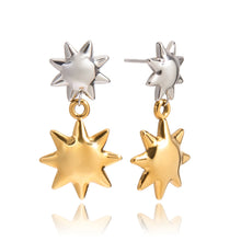 Load image into Gallery viewer, Brighten your look with these fashionable sun pendant stud earrings, designed to add a radiant touch to any outfit. Crafted from durable stainless steel with a polished 18K gold-color plated finish, they feature a sleek sun-inspired design that blends modern style with timeless charm. Lightweight and versatile, these earrings are perfect for everyday wear or as a thoughtful gift for women who love elegant, fashion-forward jewelry.
